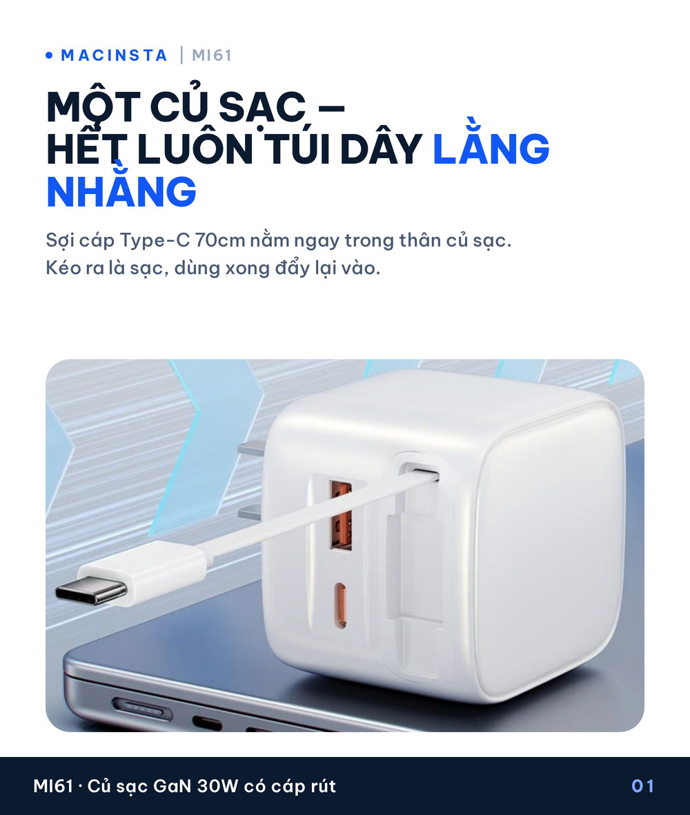 Củ sạc GaN 30W tích hợp cáp Type-C rút 70cm