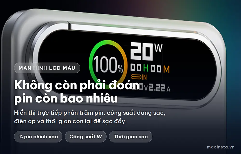Màn hình LCD hiển thị phần trăm pin và công suất sạc