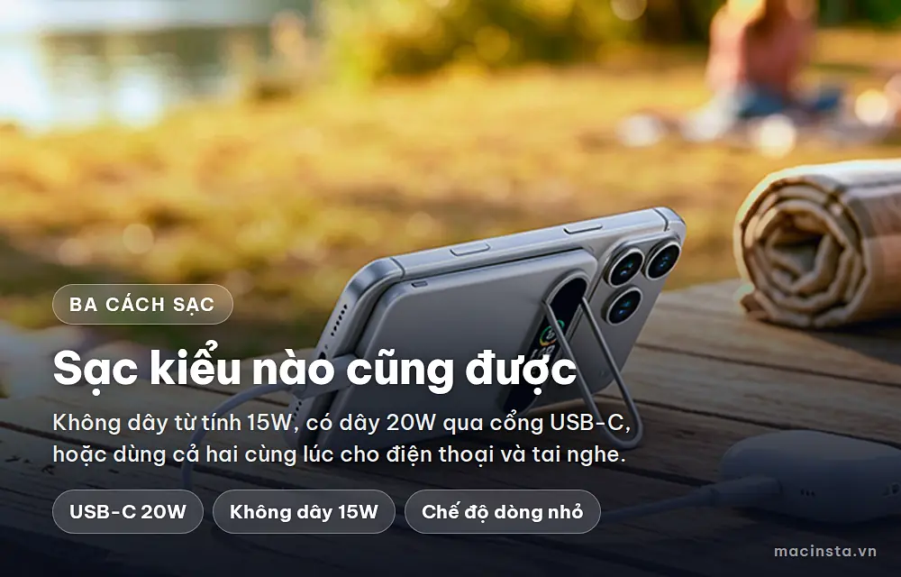 Ba cách sạc: không dây, có dây và hai thiết bị cùng lúc